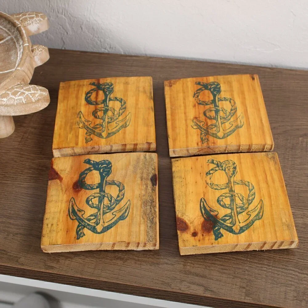 Handmade Wooden Anchor Coasters (Set of 4) Nautical Beach Decor Gift